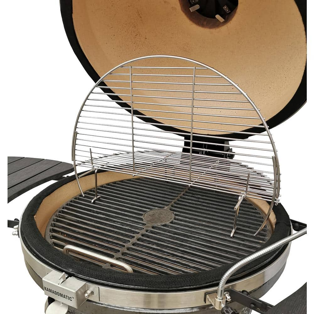 Vision Grills 22 in. Kamado XD402 Ceramic Charcoal Grill in Metallic Grey with Cover, Storage Cart, Shelves, Lava Stone, Ash Drawer XD-402MG