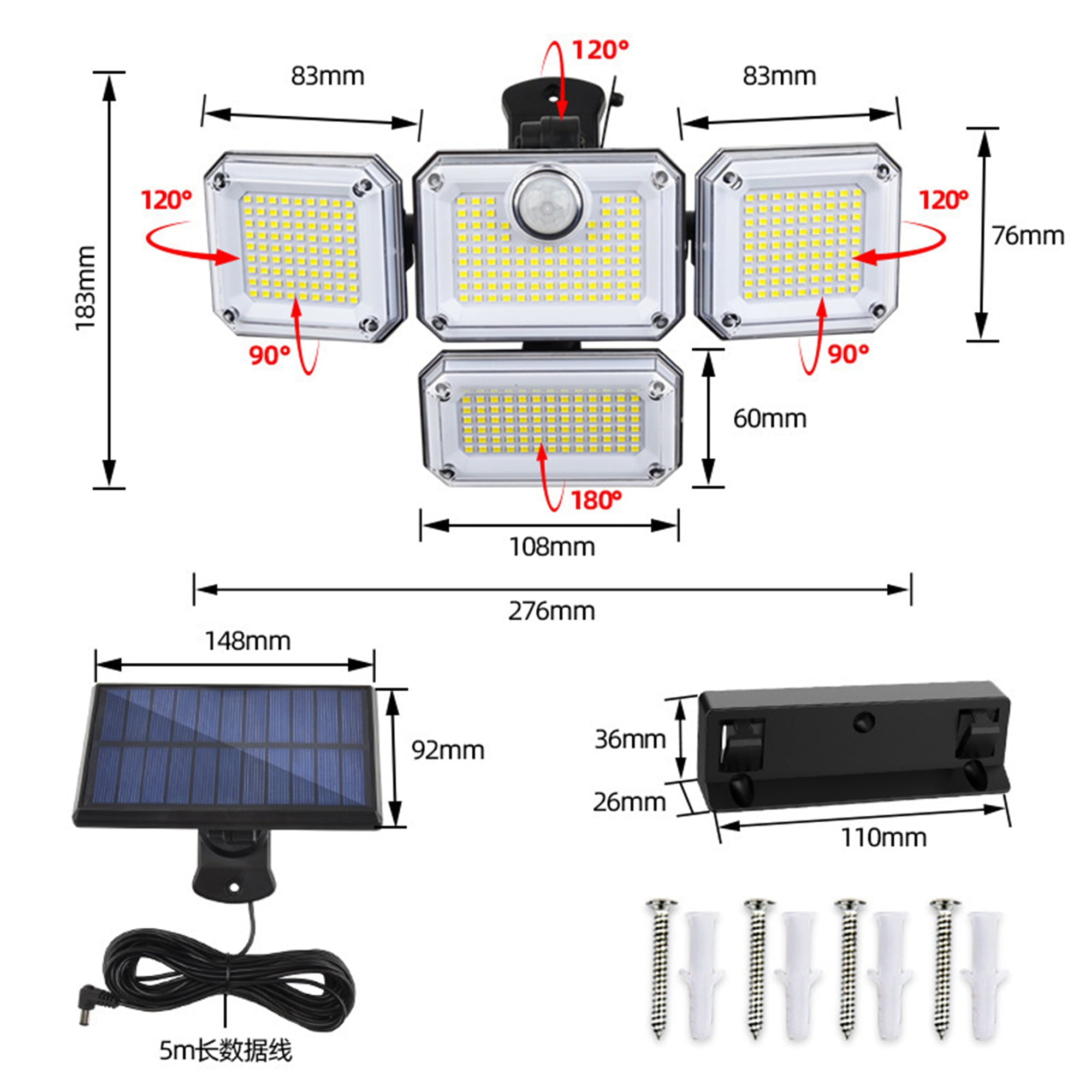 Solar Lights Outdoor Indoor Motion Sensor LED Flood Light - Solar Powered Security Lights Outside Waterproof ，4 Adjustable Heads Solar Indoor Lights For House - Led Wall light with Remote and Cord