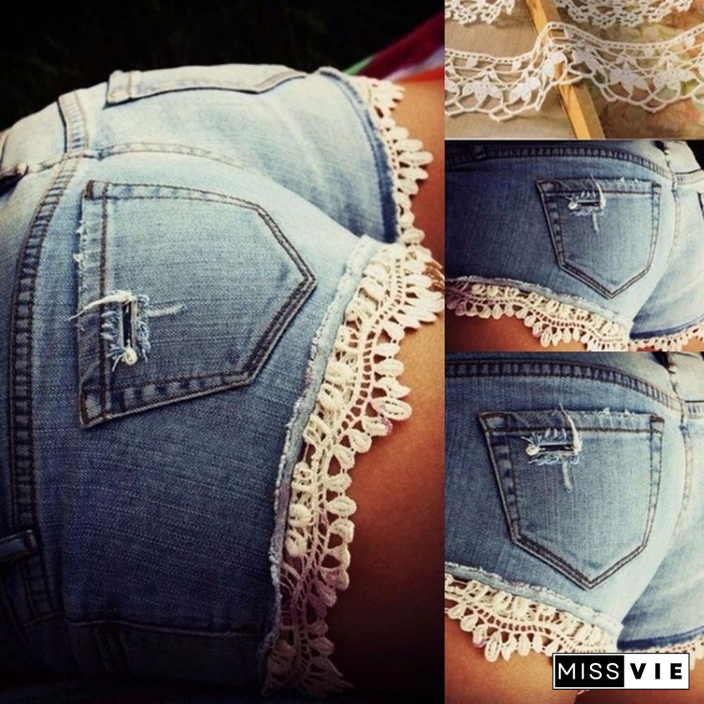 Women Sexy Pachwork Denim Shorts Lace Trouser