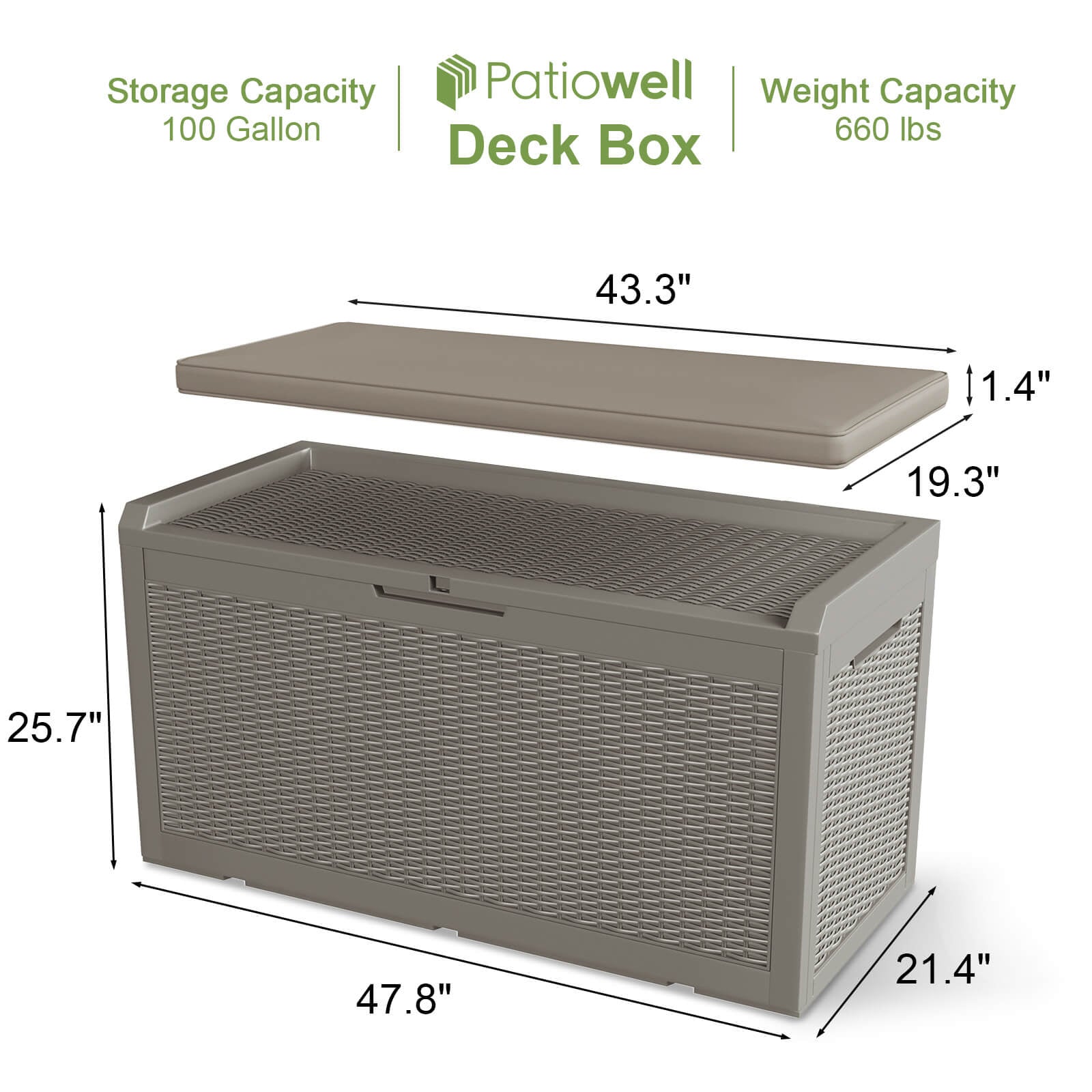 Patiowell 100 Gallon Deck Box with Soft Cushion Outdoor Resin Plastic Storage Deck Box, Light Brown