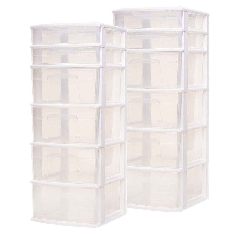 Homz Plastic 6 Clear Drawer Medium Home Storage Container Tower， White (2 Pack)