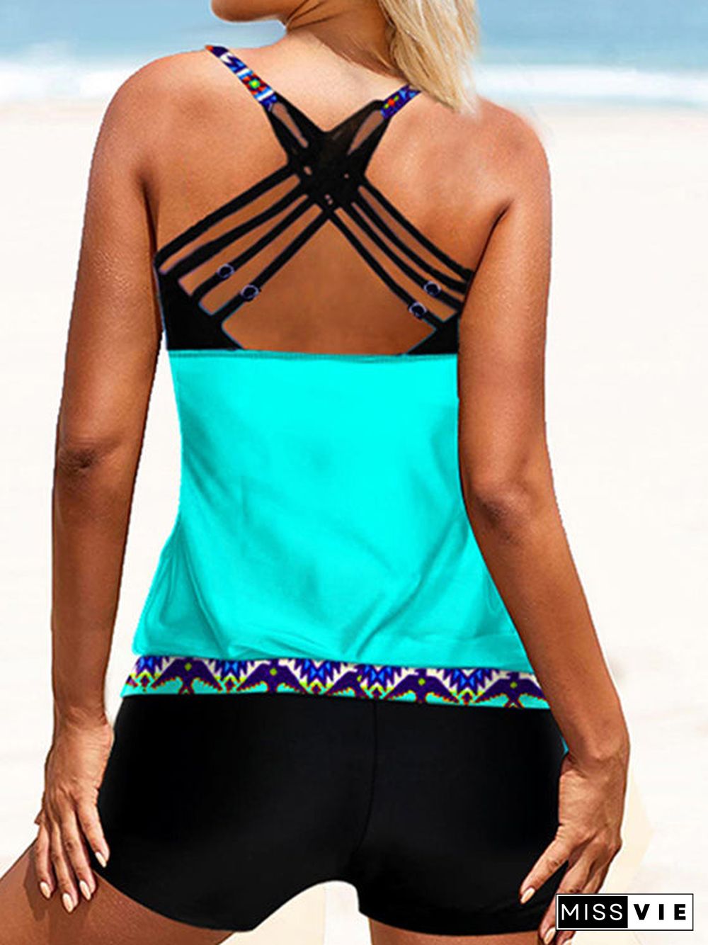 Tribal Printed Cross Strap Tankini Set