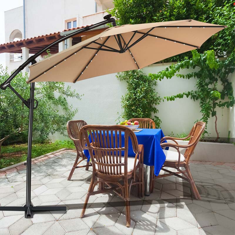 10 FT Patio Offset Umbrella with Solar Lights 360° Rotation Outdoor Market Umbrella with Crank Handle & Cross Base