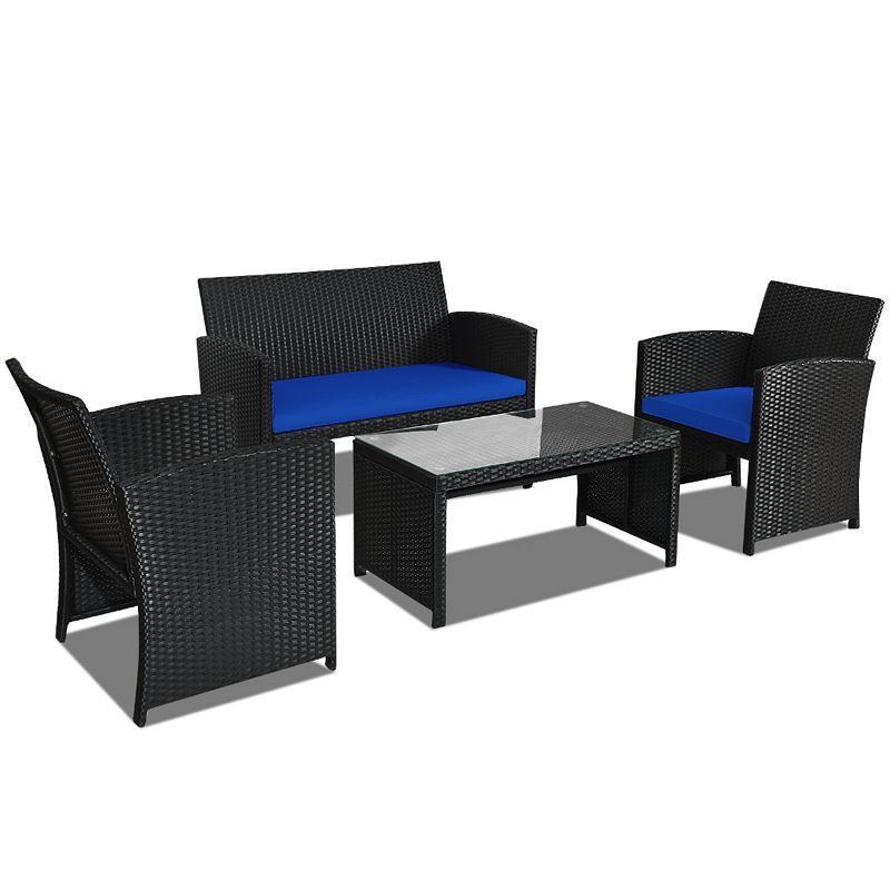 4 Pieces Rattan Patio Furniture Set with Weather Resistant Cushions and Tempered Glass Tabletop