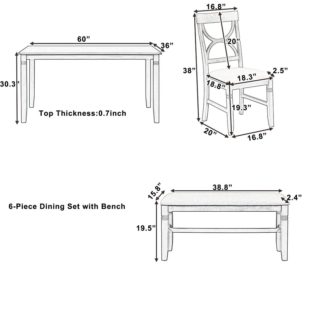 6 Piece Wood Dining Table Set with Bench Seating   Upholstered Chairs