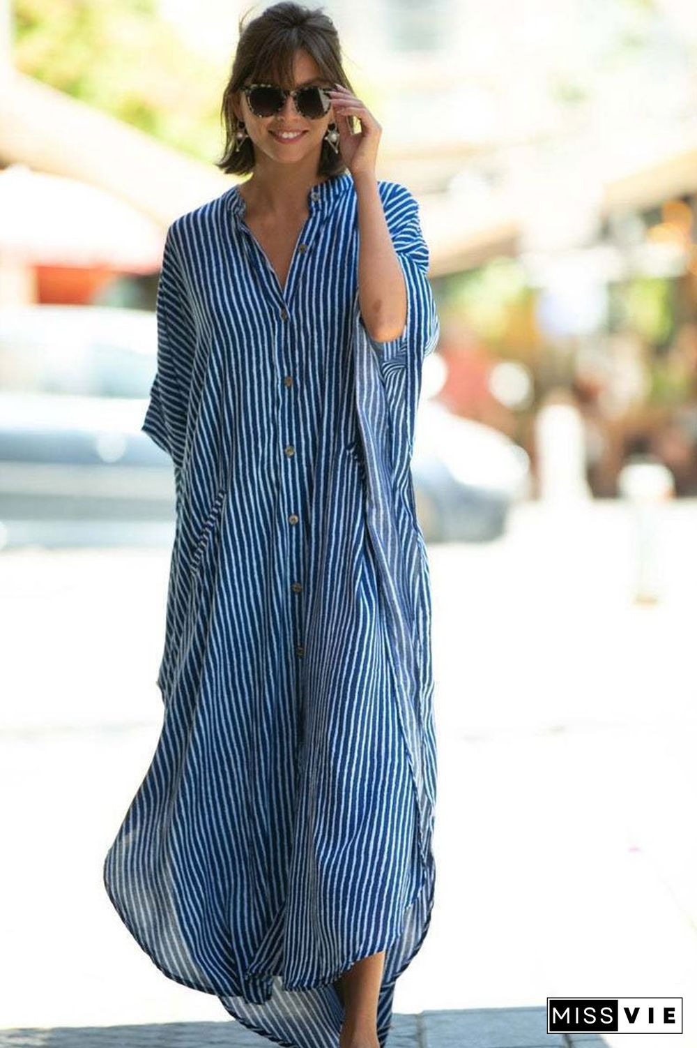 Striped Pocketed Button Front Side Slit Sleeved Maxi Cover Up