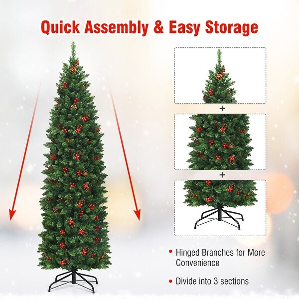 Gymax 6.5Ft PreLit Pencil Christmas Tree Hinged Artificial Slim Tree