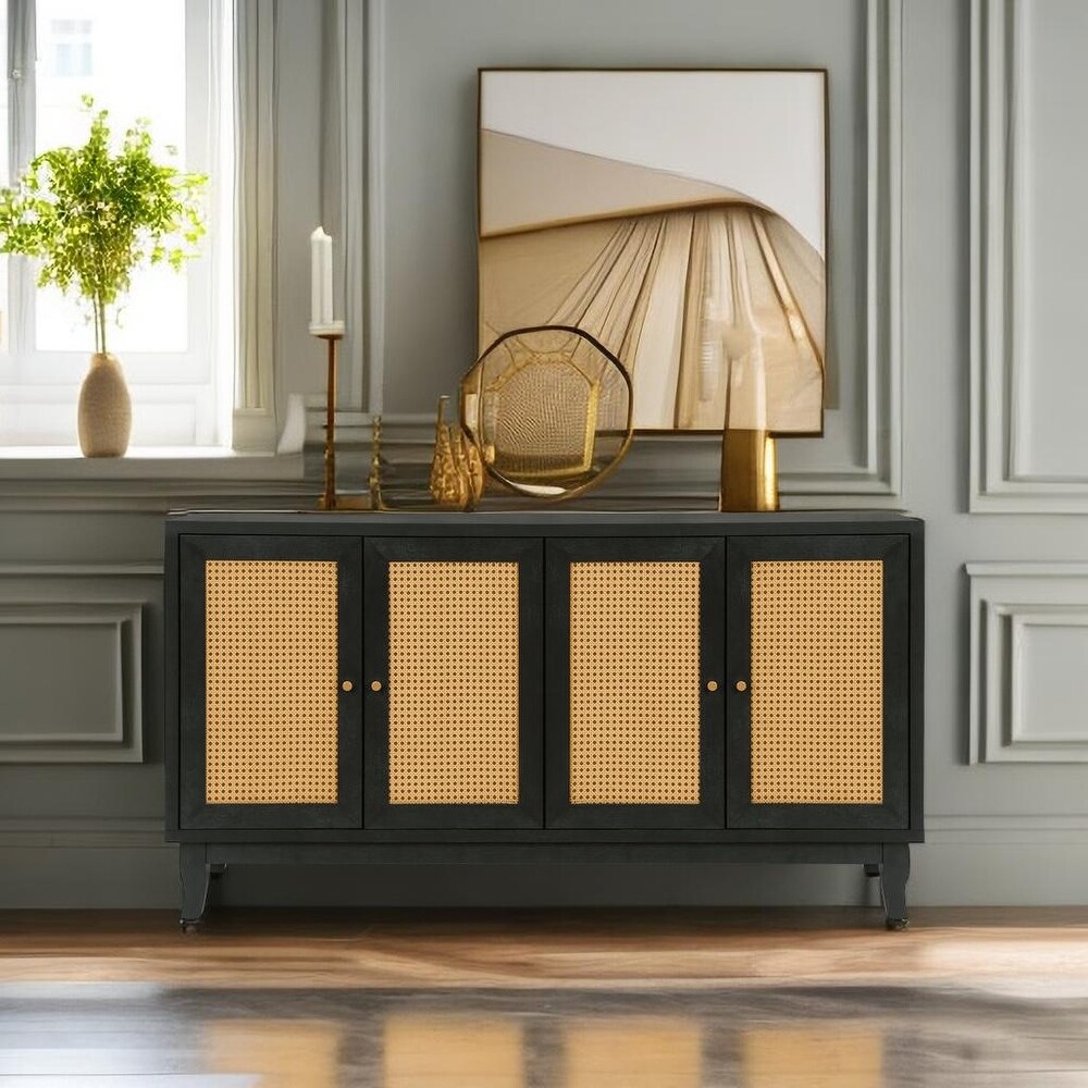 Rattan Sideboard Buffer Cabinet  Accent Storage Cabinet with 4 Rattan Doors and Adjustable Shelves