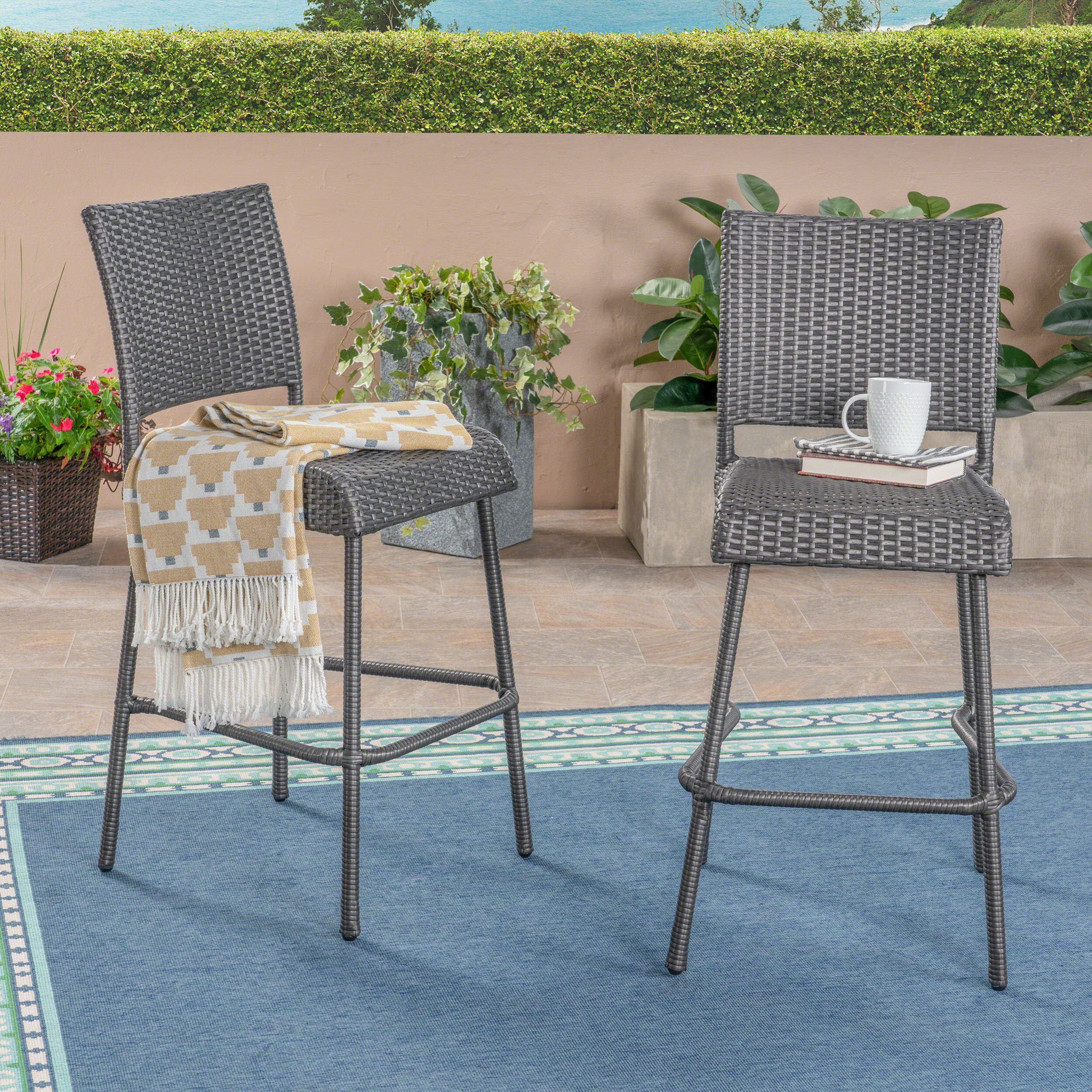 Jiro Outdoor Wicker Barstool, Gray (Set of 2)