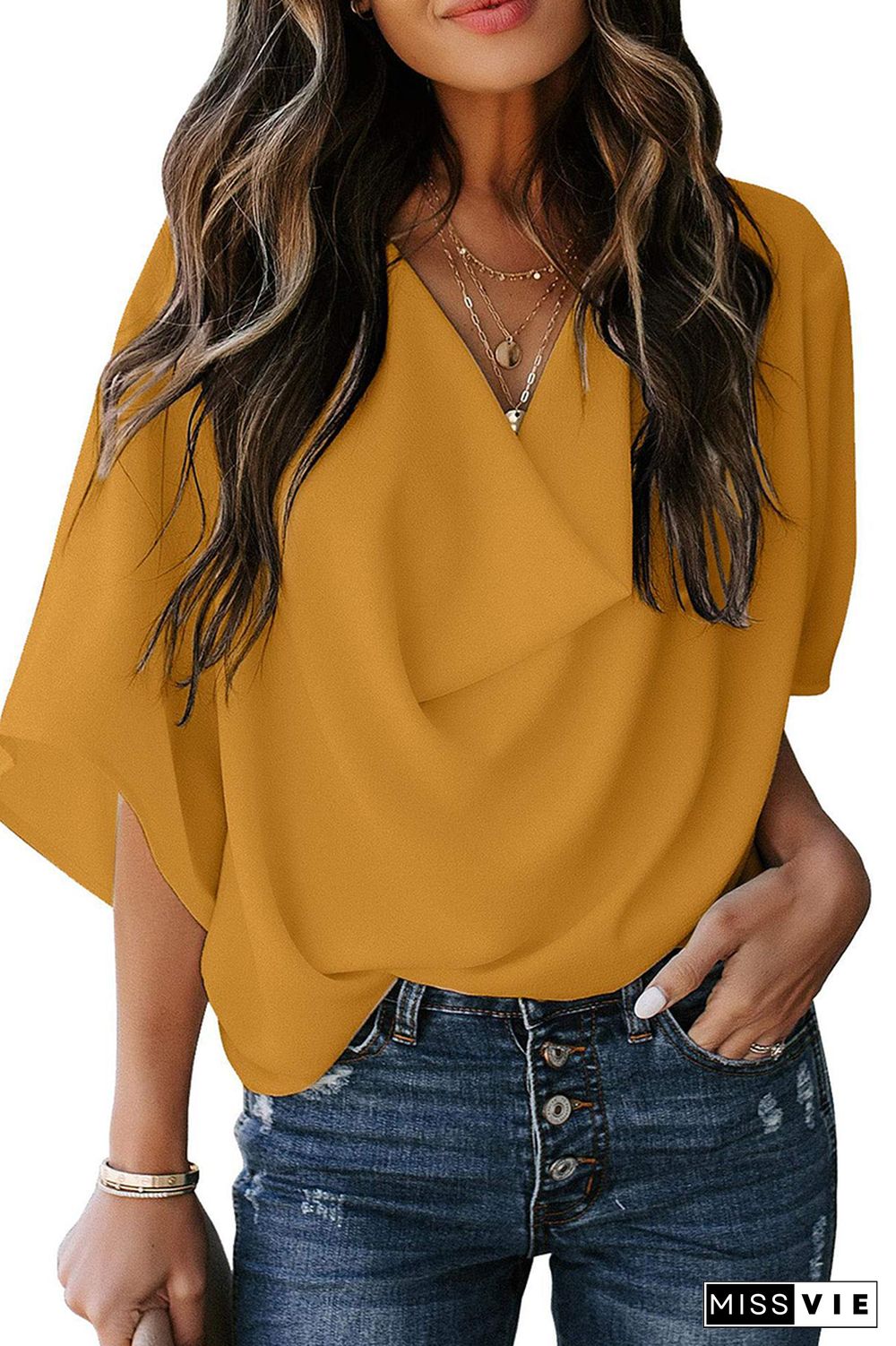 Casual Solid Flounce V Neck T-Shirts