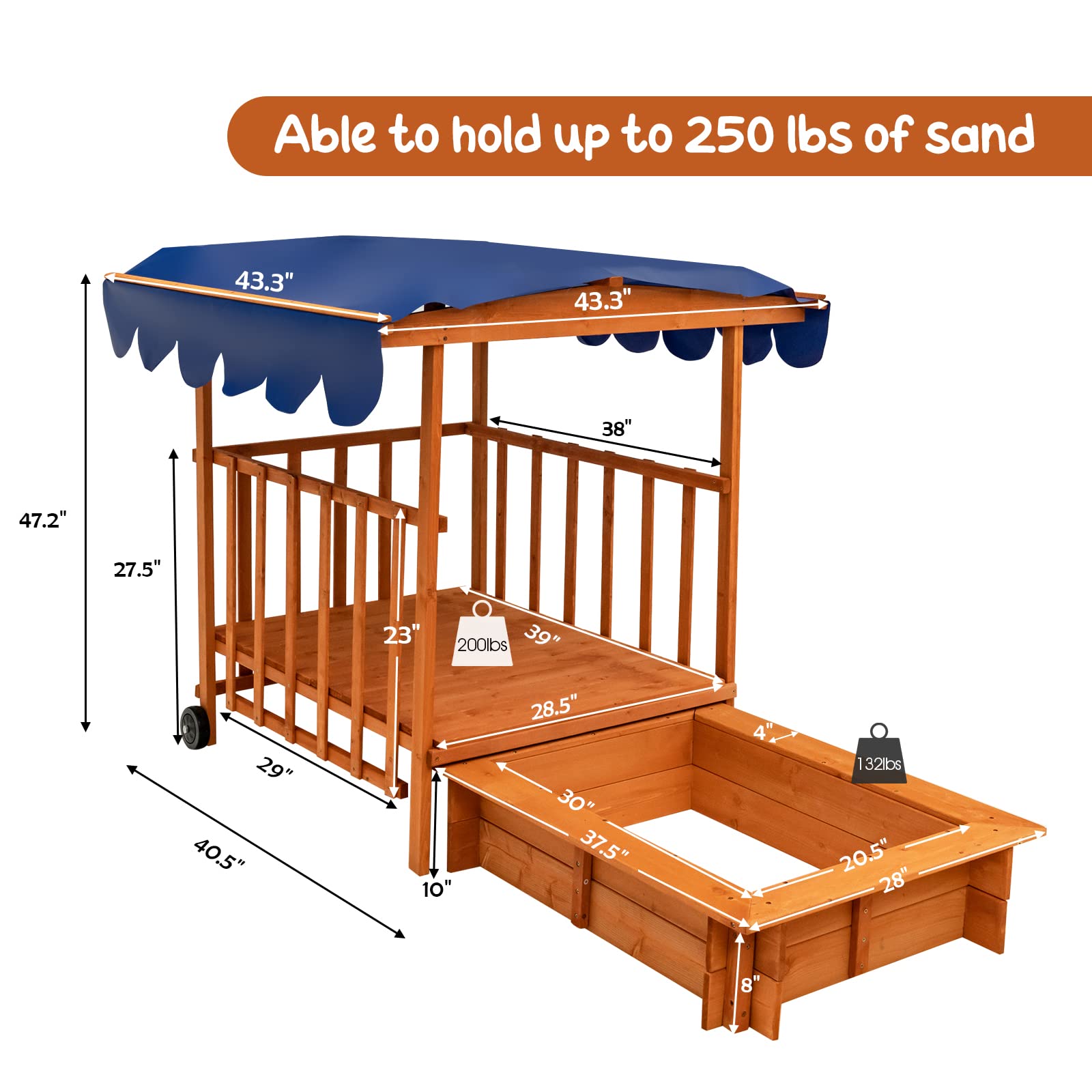 Costzon Kids Retractable Sandbox with Canopy, with Large Play Area, Rear Wheels, Guardrails, Children Outdoor Playset