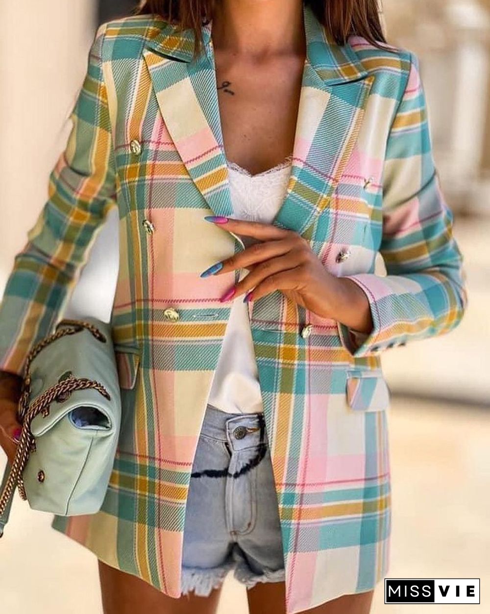 Plaid Print Button Decor Long Sleeve Blazer Coat