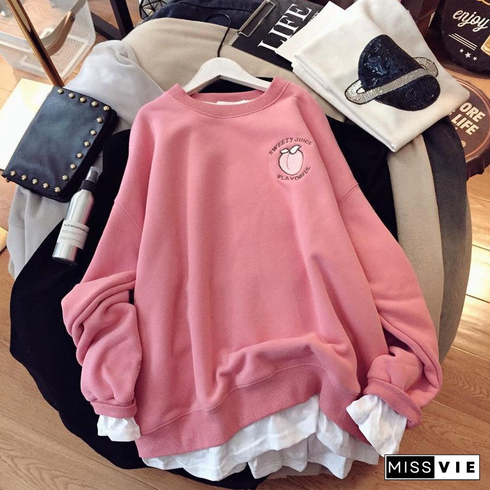 Plus Size Sweatshirts Women Korean Style Hoodies Large Loose Long Sleeved Blouse Woman Print Harajuku Pink Tops Sweat Femme