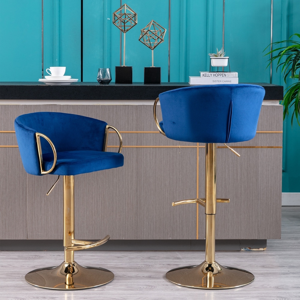 Set of 2 Bar Stools with Chrome Footrest And Base Swivel Height Adjustable Mechanical Lifting Velvet  Golden Leg Bar Stool