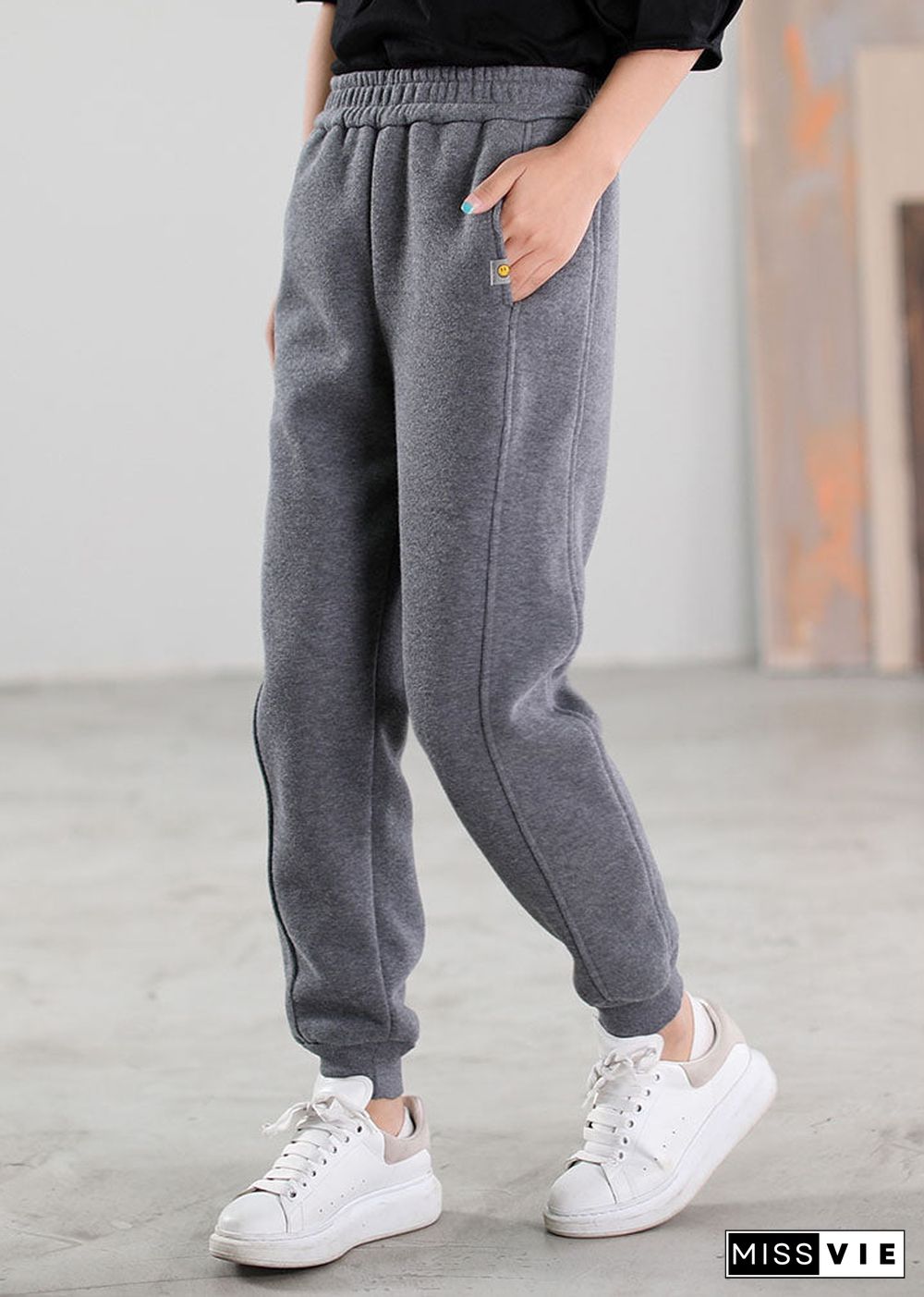 Women Grey Pockets Warm Fleece Casual Pants Winter