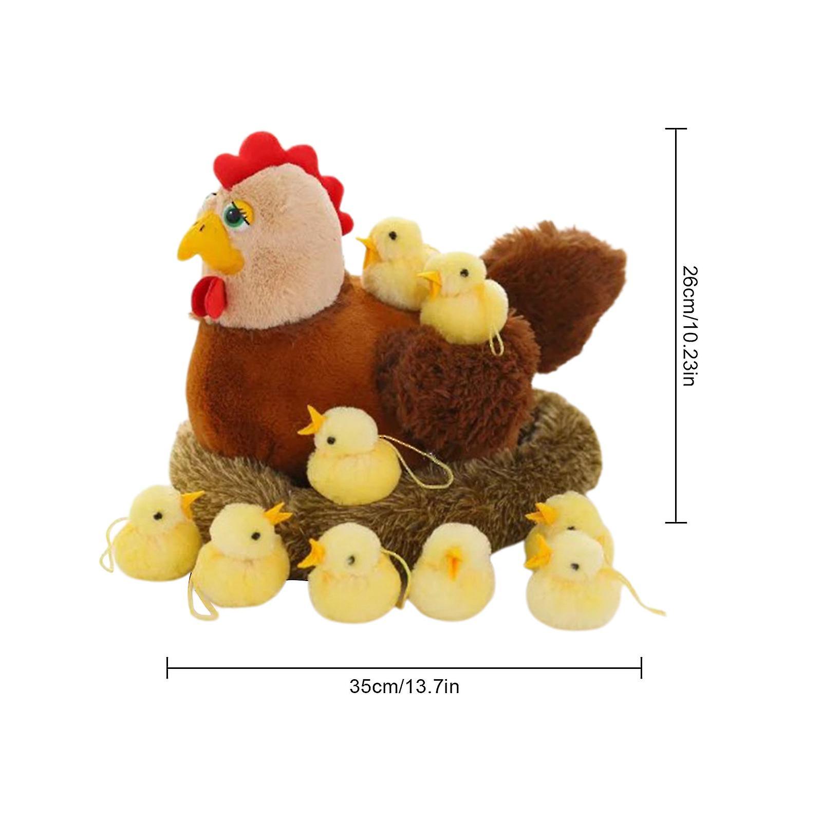 13.8inch Chicken Stuffed Animals， Mommy Farm Hen Plush With Henhouse/10 Little Baby Chicks Toys W/chicken Croak Sound