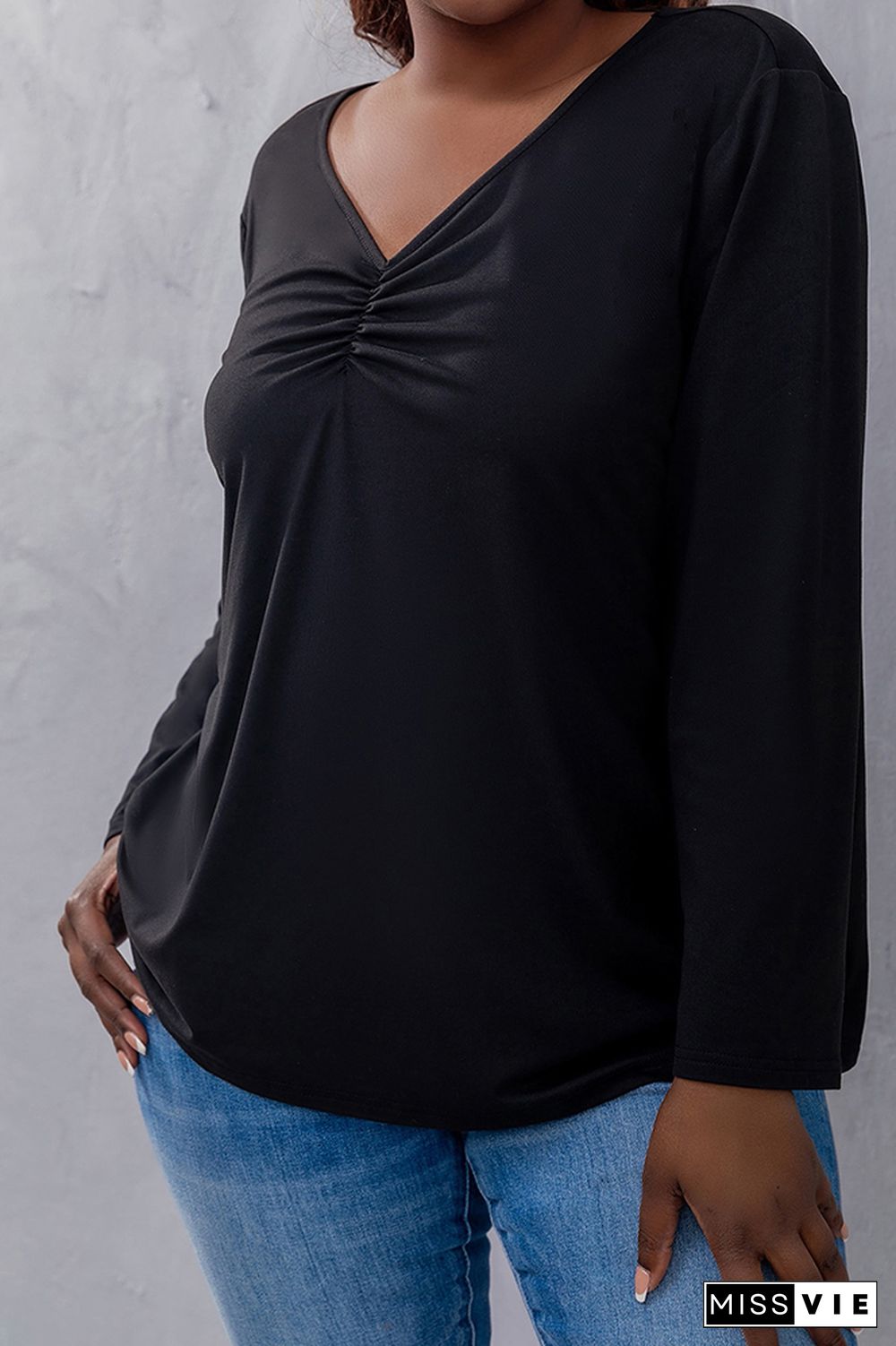 Black V Neck Ruched Bust Plus Size Top