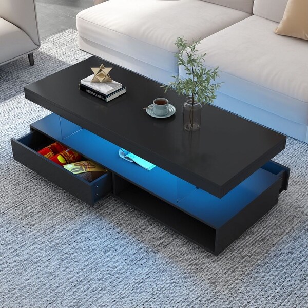 Modern Center Table with 2 Drawers LED Lights and Display Shelves