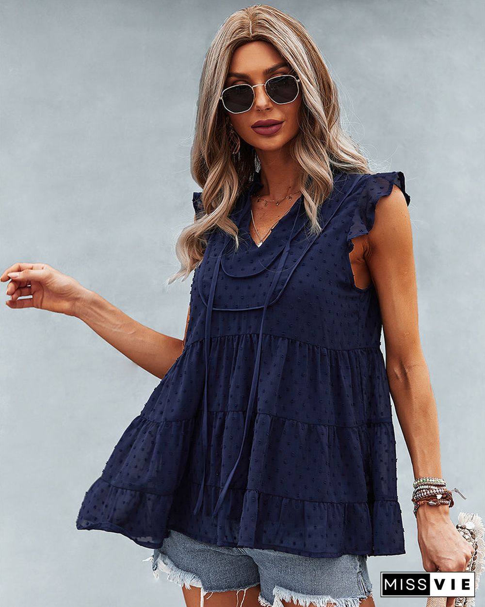 Ruffle Cap Sleeve V Neck Swiss Dot Tank Tops