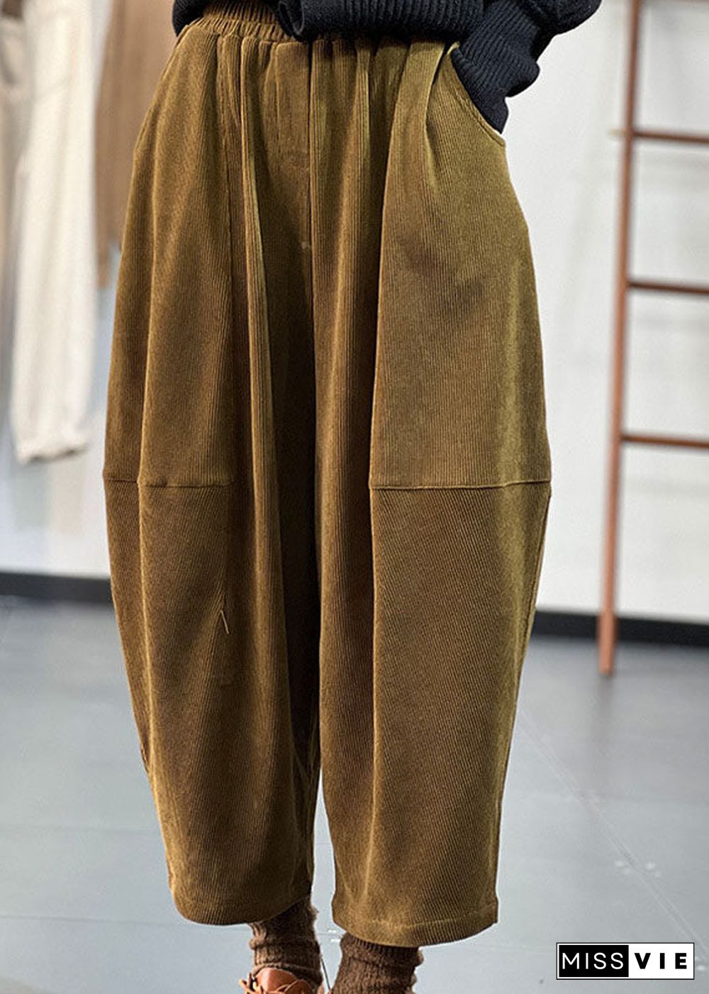 Italian Chocolate Elastic Waist Oversized Pockets Patchwork Corduroy Harem Pants Trousers Winter