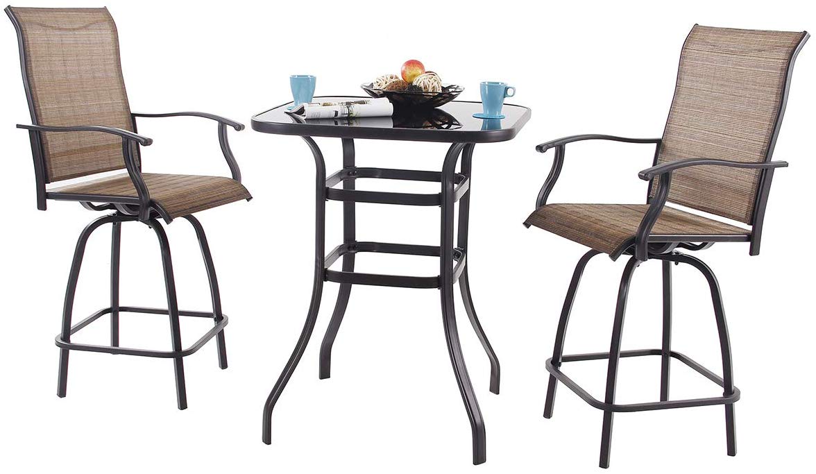 UBesGoo Outdoor 3 Piece Bar Set，Brown Iron Frame Swivel Bar Chairs and Table