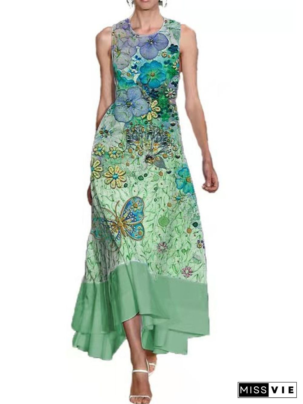 Women's Sleeveless Long Skirt Floral Stitching Printed Pocket Round Neck Dress