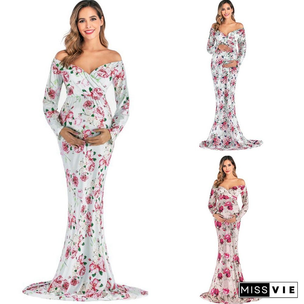 Off Shoulder Bohemian Flower Dress Pregnant Women Maternity Clothes Photography Prop Ladies Summer Casual Party Slim Dresses Pregnancy Full Dress