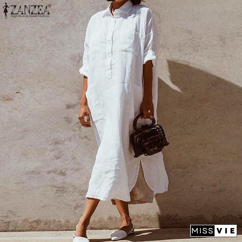 ZANZEA Elegant Women Spring Lapel Neck Long Sleeve Cotton Linen Dress Solid Sundress Long Shirt Dress Baggy Split Hem Vestido