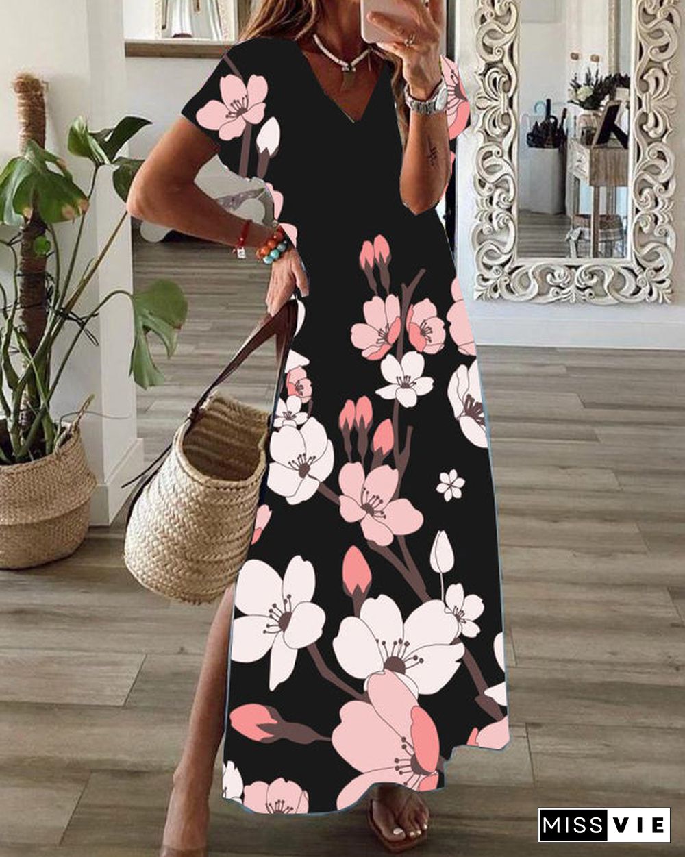 Casual Floral Print V-Neck Short Sleeve Hem Slit Maxi Dress