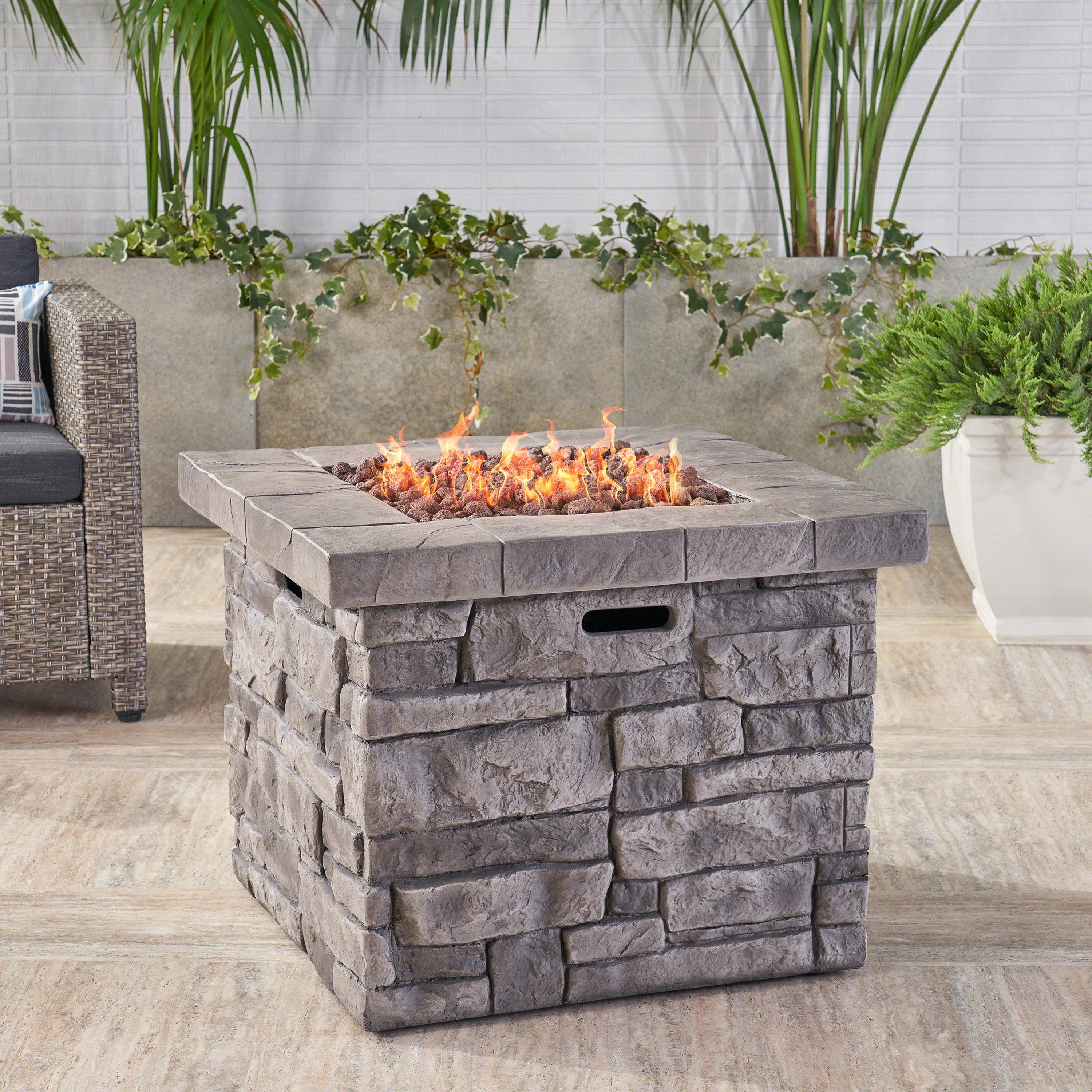 Angeleno Outdoor Square Gray Lightweight Concrete Fire Pit with Stone Finish