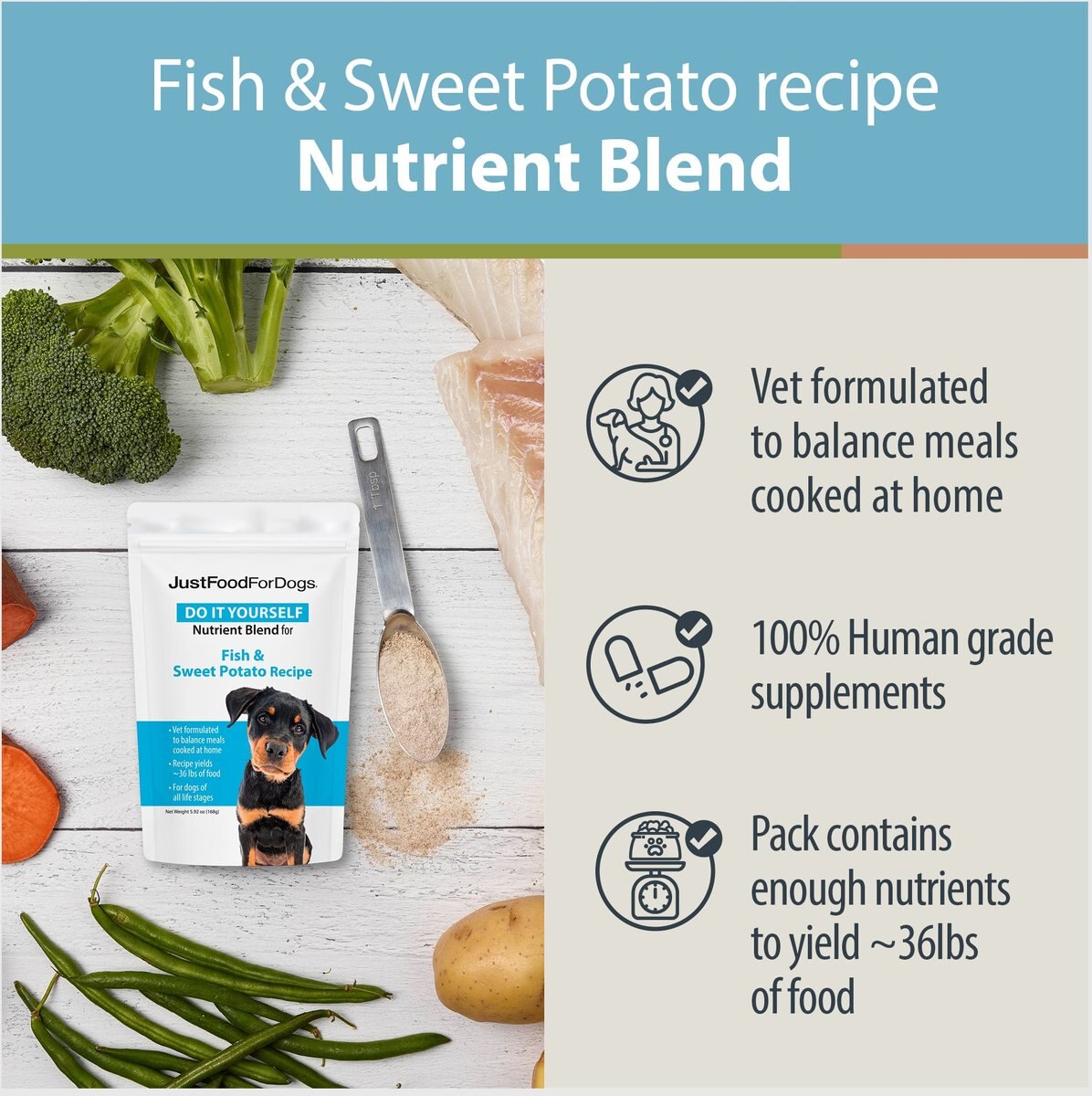 JustFoodForDogs DoItYourself Fish and Sweet Potato Recipe Fresh Dog Food Recipe and Nutrient Blend