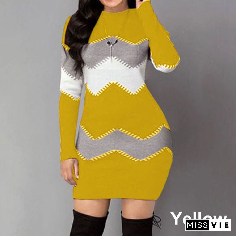 Fashion Women Ladies Long Sleeve Sweater Dress 4 Colors Color Block Long-Sleeved Sweater Bag Hip Skirt Xs-5Xl