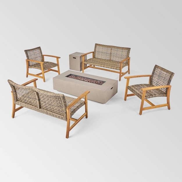 Augusta 6pc Wood amp Wicker Chat Set With Fire Pit Natural gray light Gray Christopher Knight Home