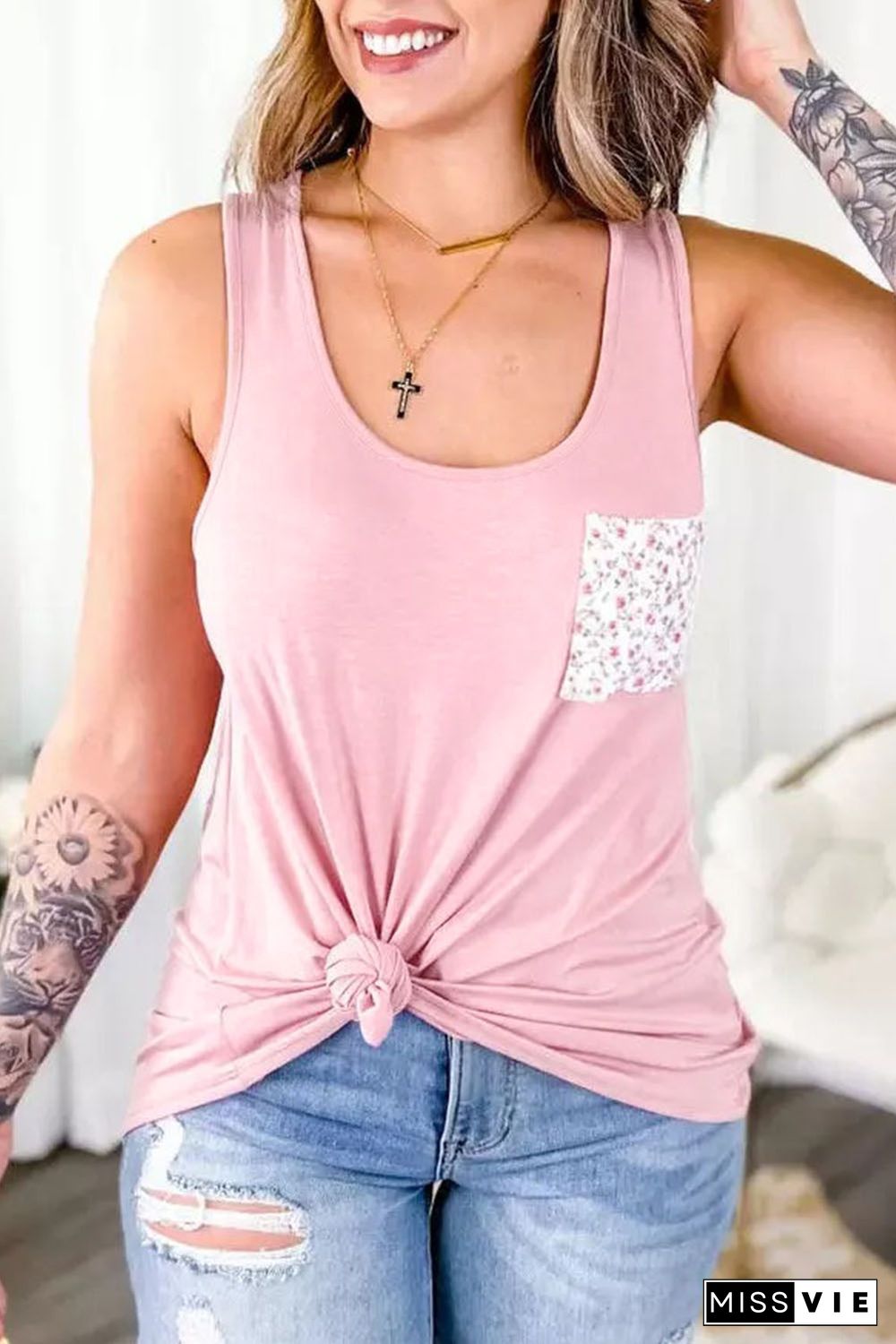 Pink Floral Patch Pocket Tank Top