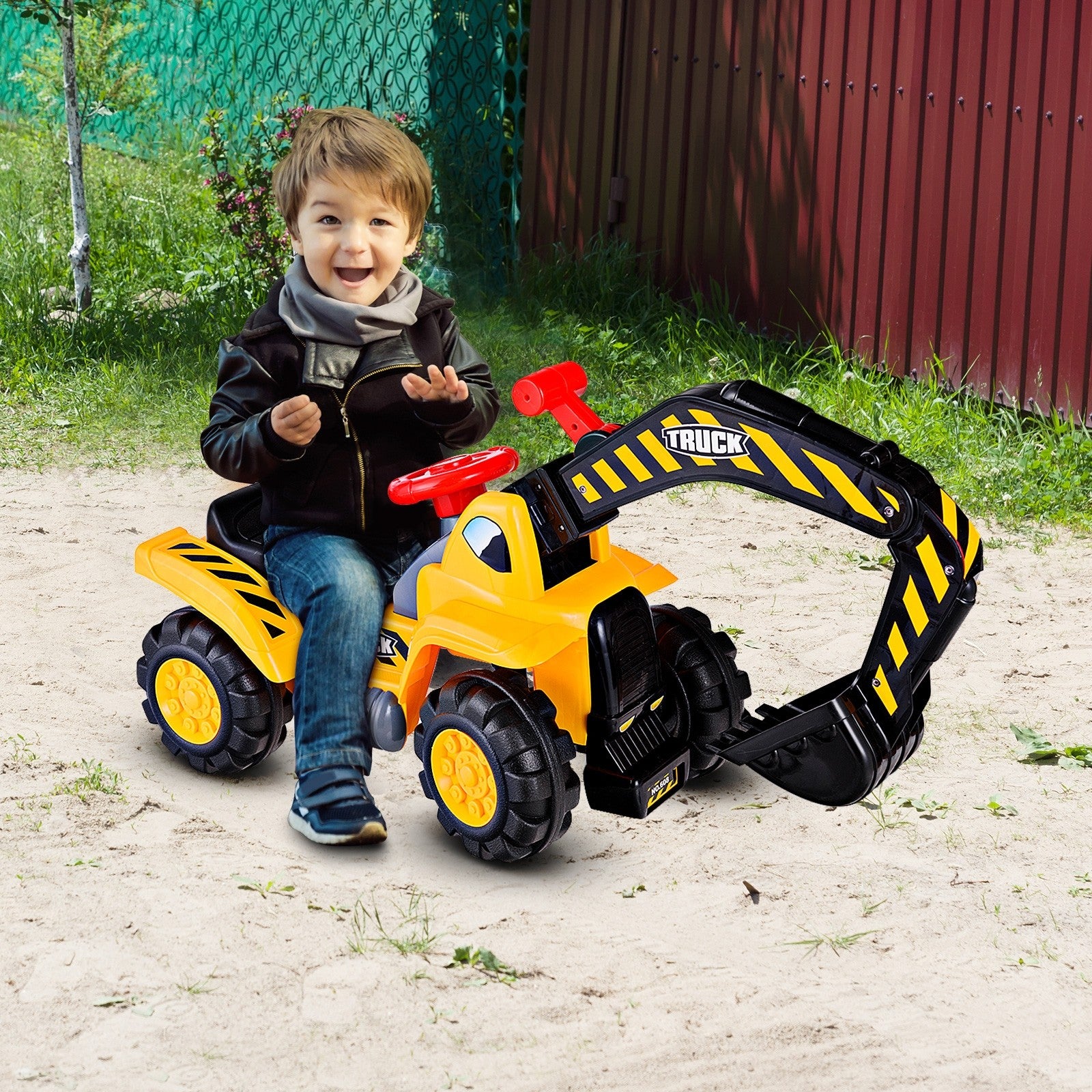 Kids Ride On Construction Excavator, Outdoor Digger Scooper Tractor Toy