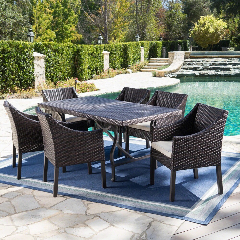 Azusa Outdoor 7 piece Rectangular Wicker Aluminum Dining Set with Cushions by Christopher Knight Home