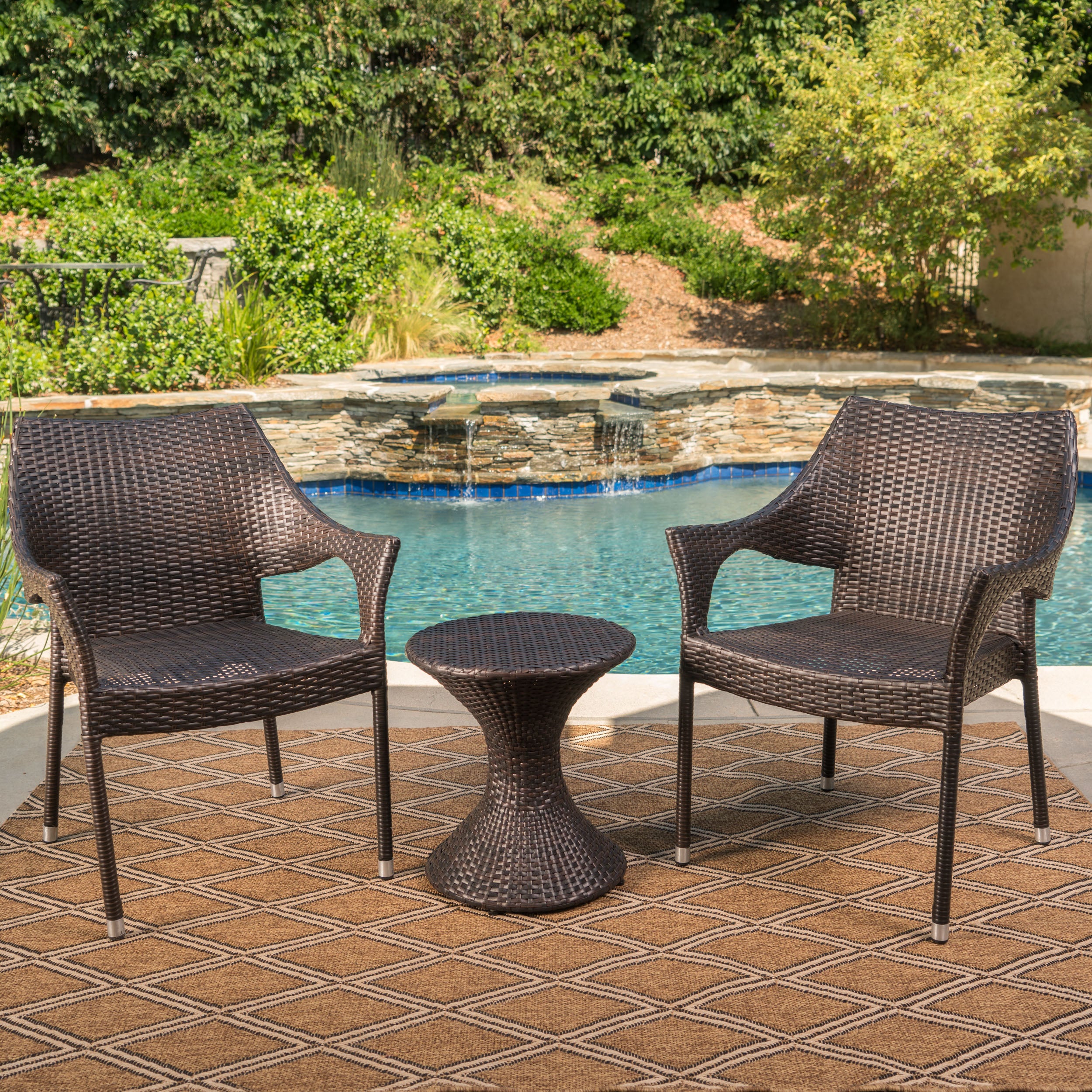 Axelrod Outdoor 3 Piece Multi-Brown Wicker Chat Set with Stacking Chairs