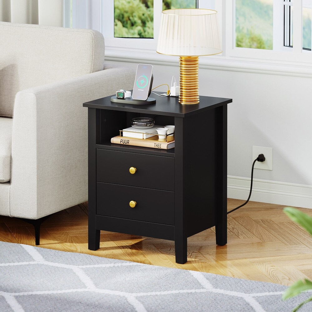 Nightstand Set of 2 with Charging Station End Side Table with 2 Drawers with USB Ports and Outlets Bedside Bed