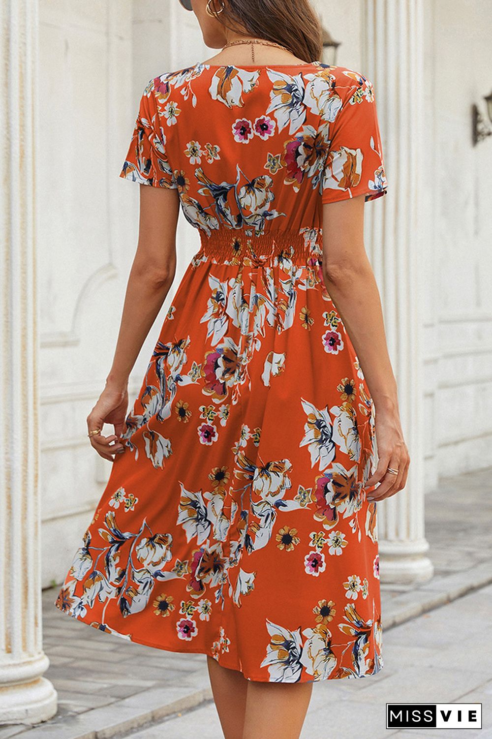 V Neck Smocked Waist Midi Floral Dress