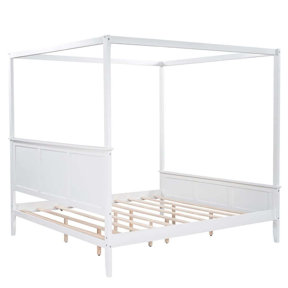 White Canopy Platform Bed   King Size  Pine Wood   MDF  Modern Design  No Box Spring Needed  Suitable for Curtains