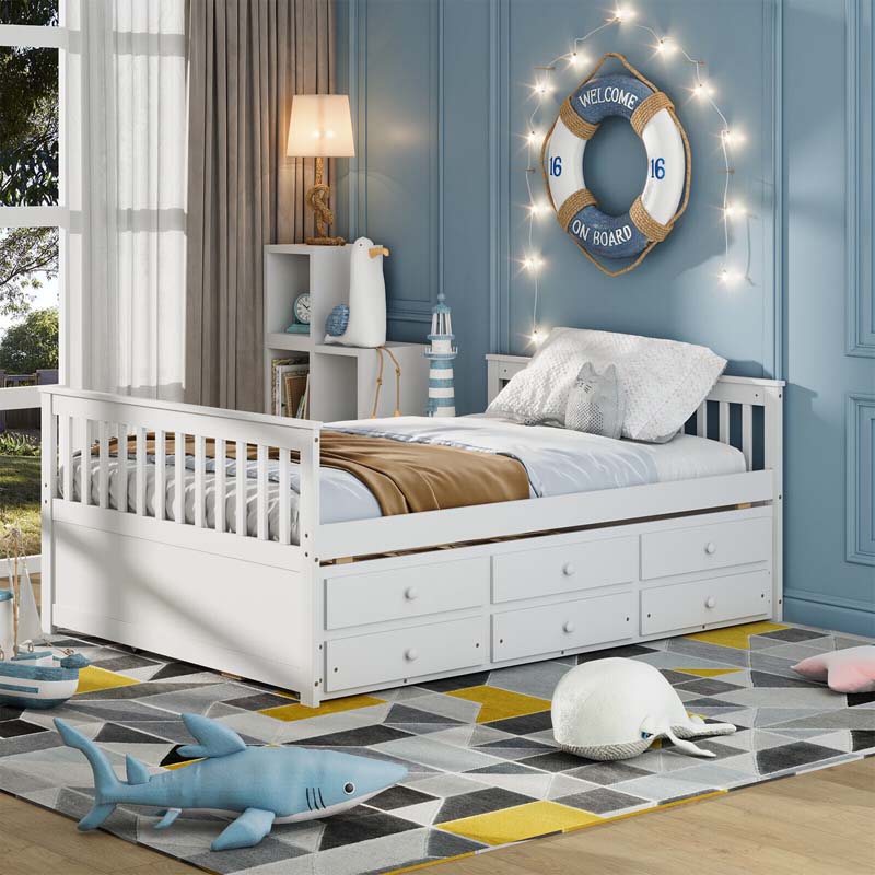 Full Captain's Bed with Trundle Bed & 3 Storage Drawers, Wooden Platform Storage Daybed for Kids Guests Sleepovers