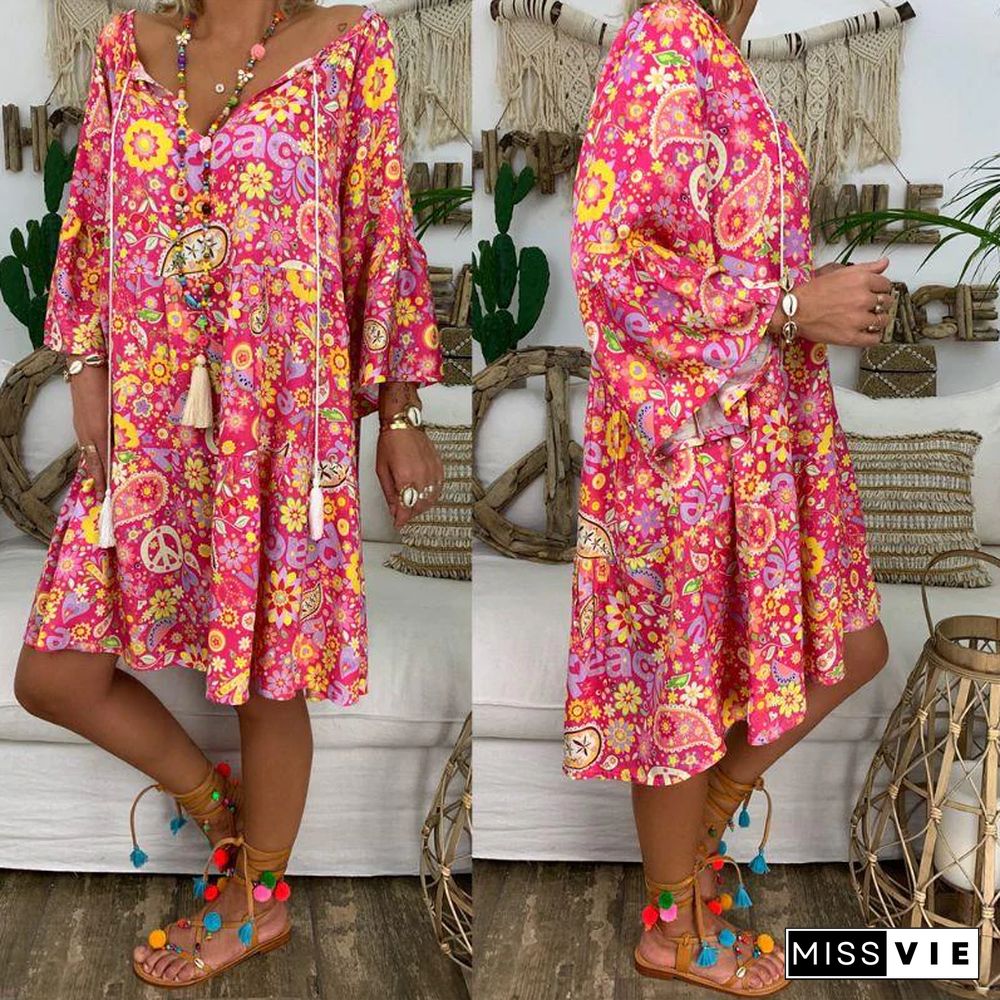 Summer Women Boho Floral Long Sleeve Dress Holiday Beach Shirt Dress Ladies Print Mini Dress Plus Size S-5XL