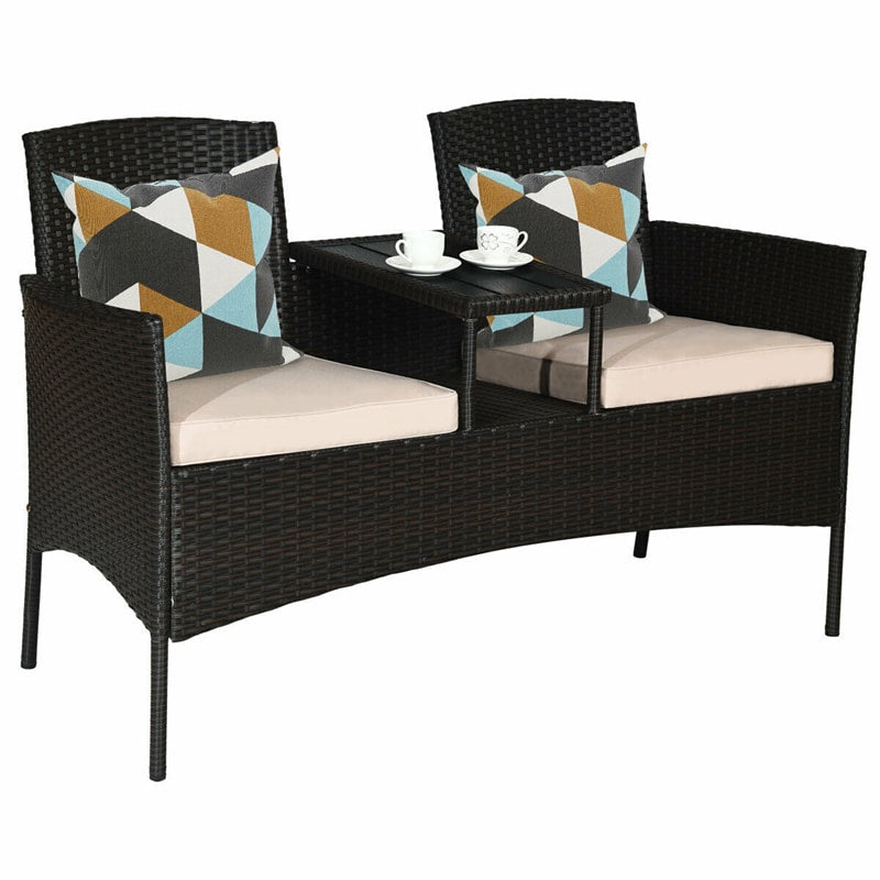 Rattan Outdoor Loveseat Bistro Set with Built-in Coffee Table & Cushions, Wicker Patio Conversation Set