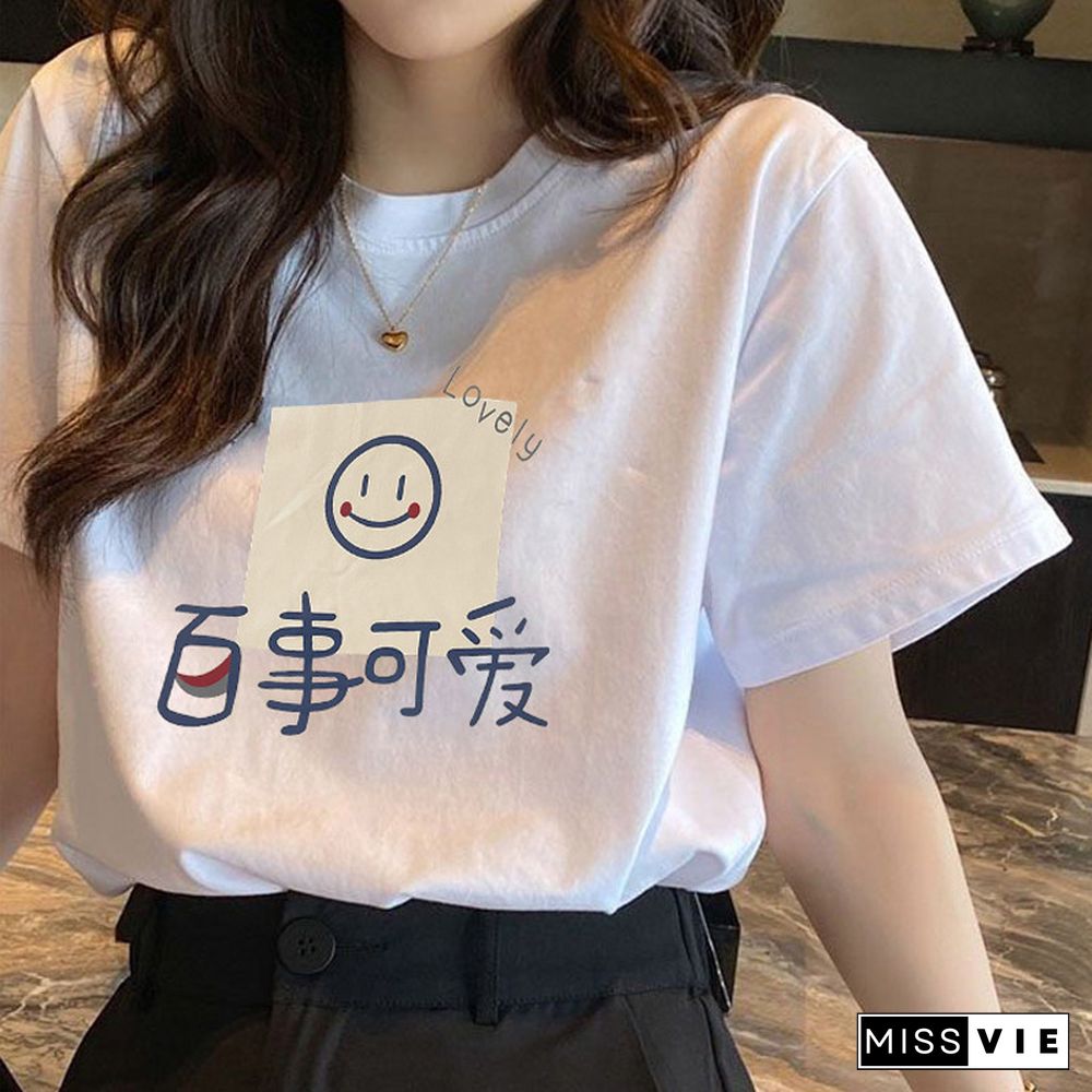 Cartoon Letter Print Round Collar Loose T-Shirt