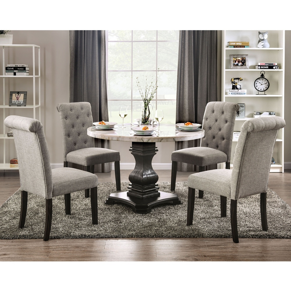 Brec Rustic Marble Top 5 Piece Round Dining Table Set with Tufted Chairs by Furniture of America