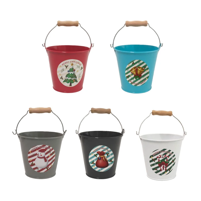 Christmas Custom Logo Small Metal Bucket Gift With Wooden Handle  Factory Wholesale