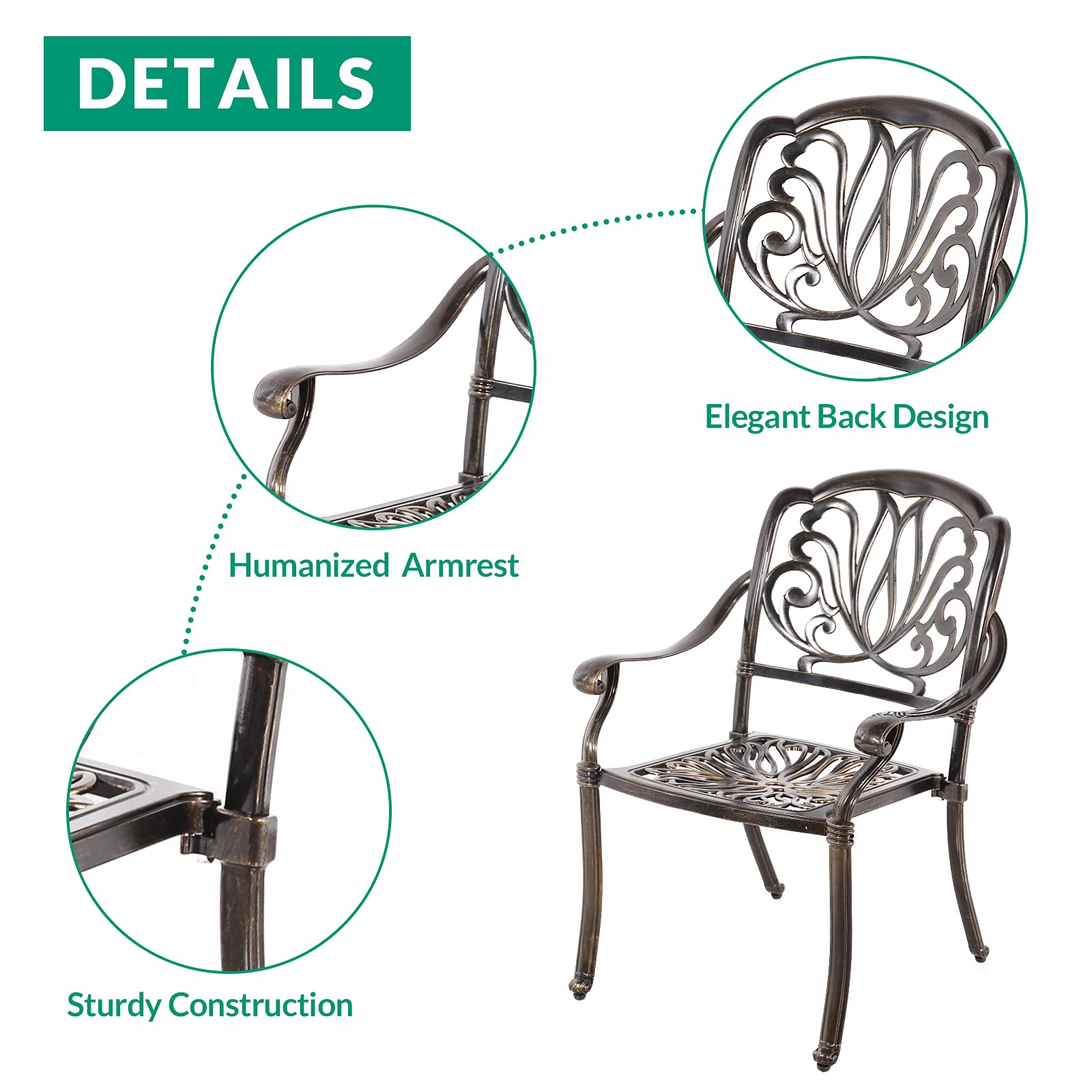 VIVIJASON 7-Piece Patio Furniture Dining Set, All-Weather Cast Aluminum Outdoor Conversation Set, Include 6 Chairs and a Rectangle Table with Umbrella Hole for Balcony Lawn Garden Backyard