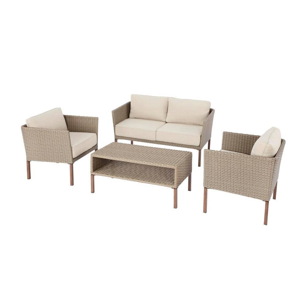 StyleWell Oakshire 4-Piece Wicker Outdoor Deep Seating Set with Tan Cushions 629