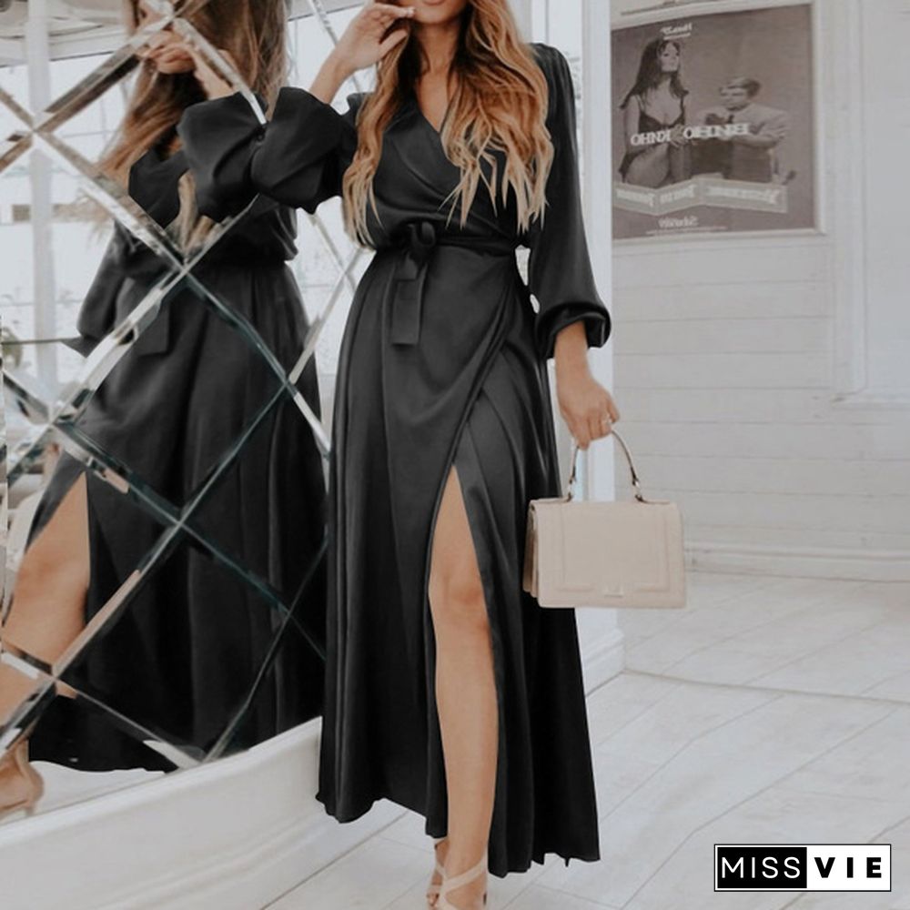 Women Puff Long Sleeve Wrap Maxi Dress Bandage Elegant Casual Silk Stain Long Dress Plus Size