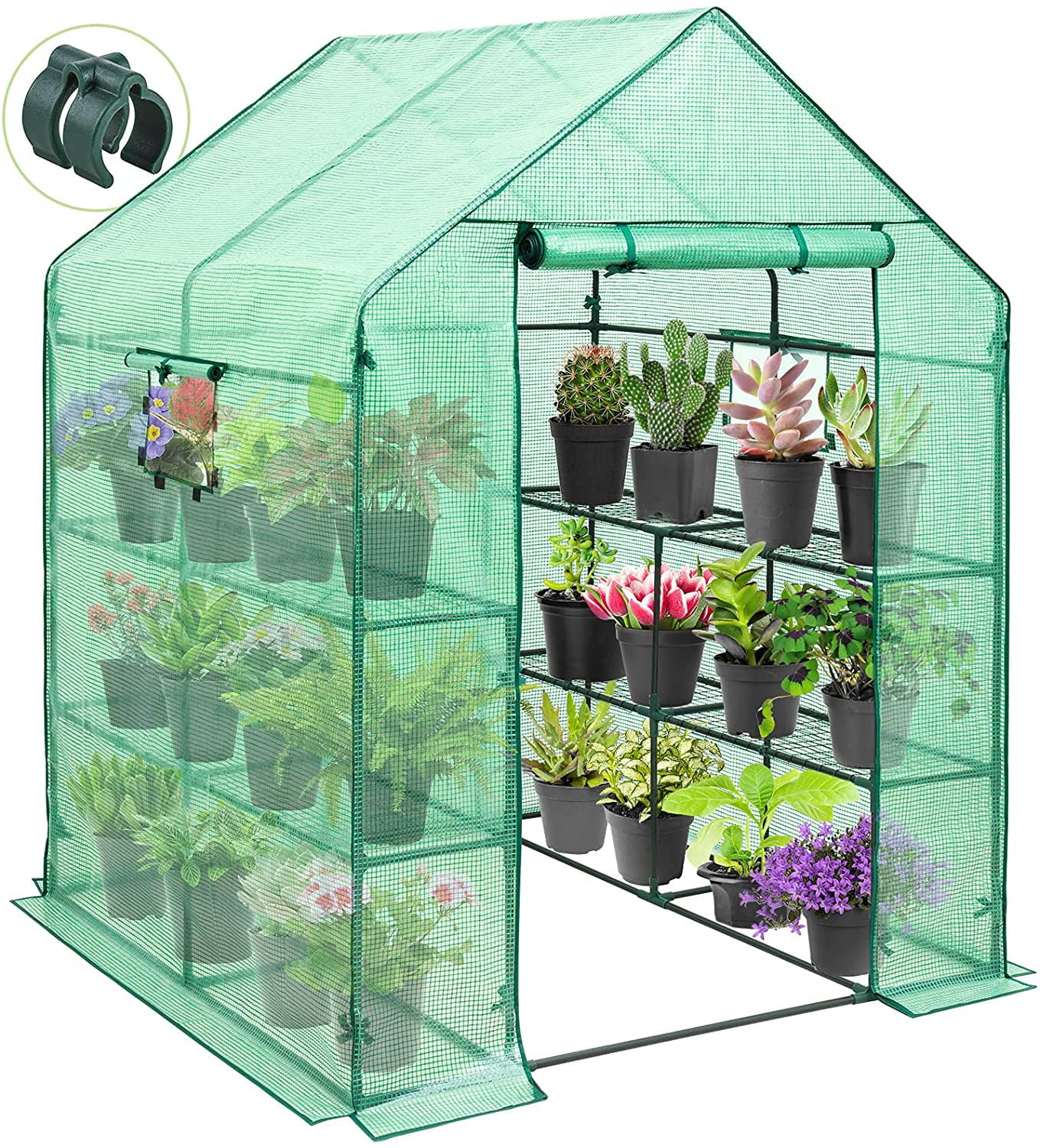 EAGLE PEAK Walk-in Greenhouse 2 Tiers 8 Shelves with Roll-up Zipper Door and 2 Side Mesh Windows, Outdoor Indoor Portable Gardening Plant House 56'' x 56'' x 77'' , Green